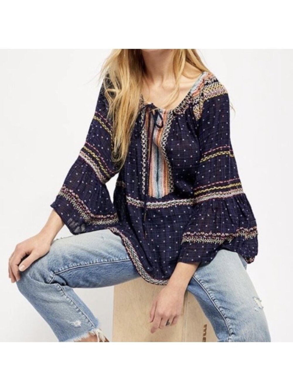 Free People Talia Embroidered Blouse Navy Boho Chic Size: XS